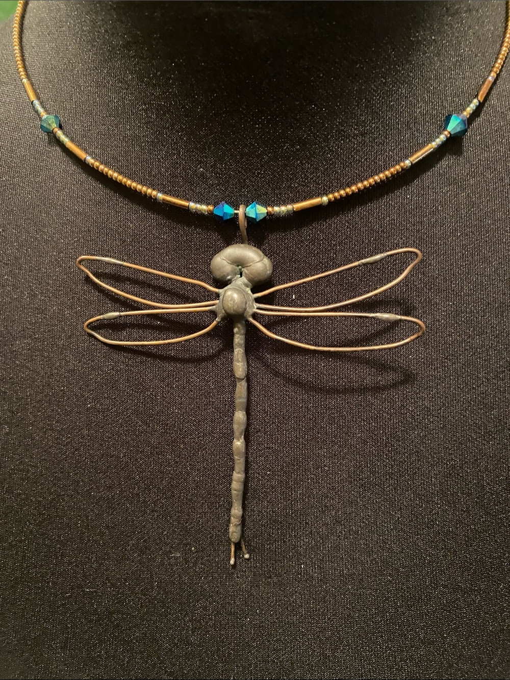 Dragonfly Pendant Necklace in Bronze and Teal Beads